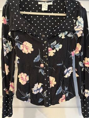 American Rag Black Floral & Polka Dot Button-Front Blouse